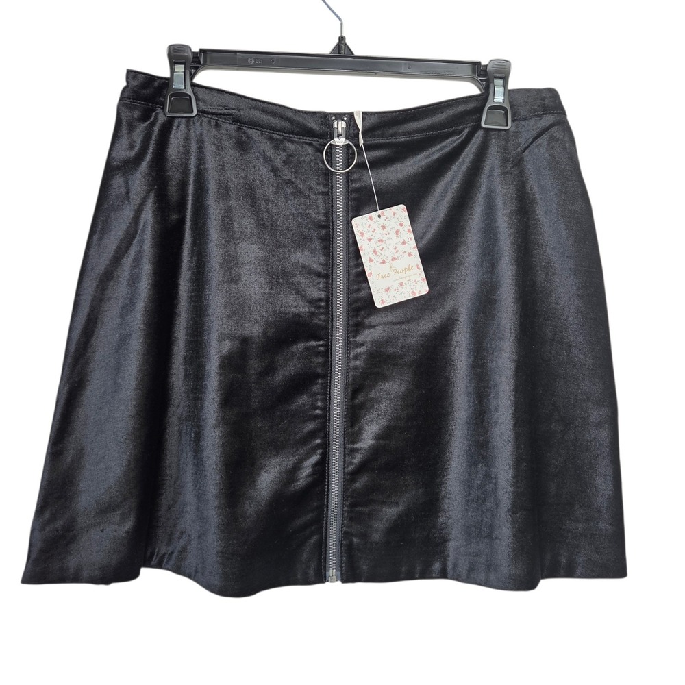 Free People Skater Black Velvet Mini Front Ring Zip Skirt ‎ Goth Grunge Edgy NWT